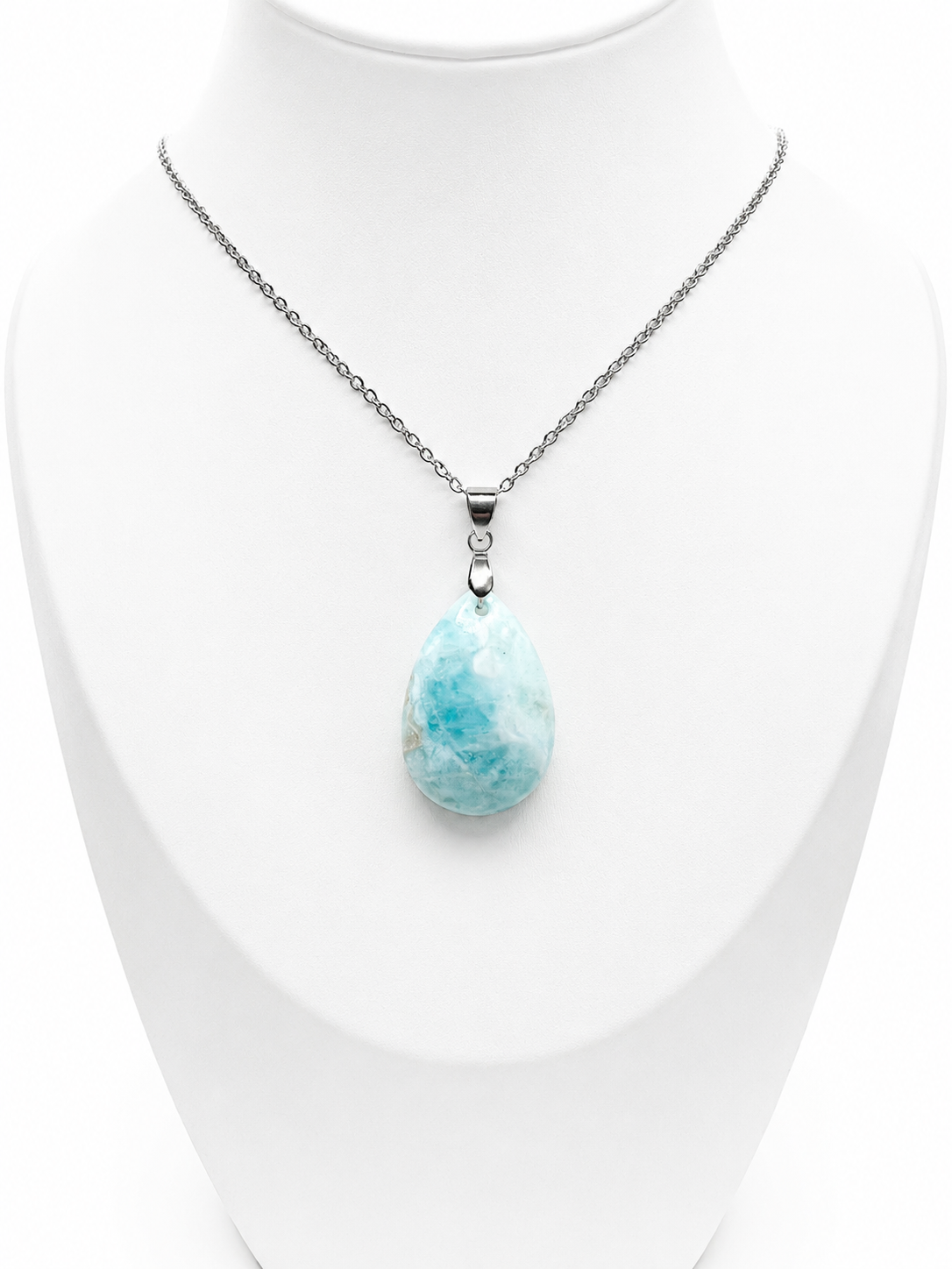 Collier Larimar Pierre Naturelle - Pendentif Acier Inoxydable Argenté - Bijou Femme Lithothérapie