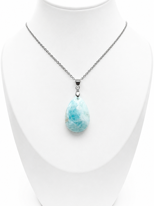 Collier Larimar Pierre Naturelle - Pendentif Acier Inoxydable Argenté - Bijou Femme Lithothérapie