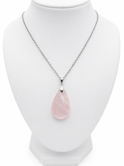 Collier quartz rose femme en acier inoxydable argenté – bijou pierre naturelle amour