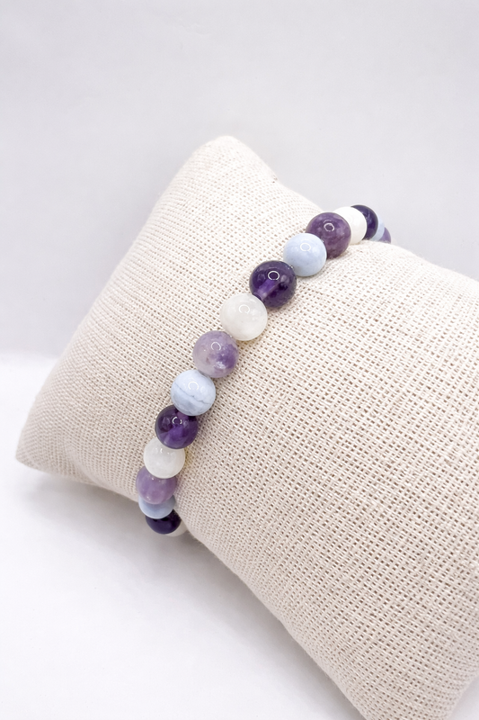 Bracelet Harmonie Féminine – Calcédoine, Pierre de Lune, Améthyste & Lépidolite 6mm