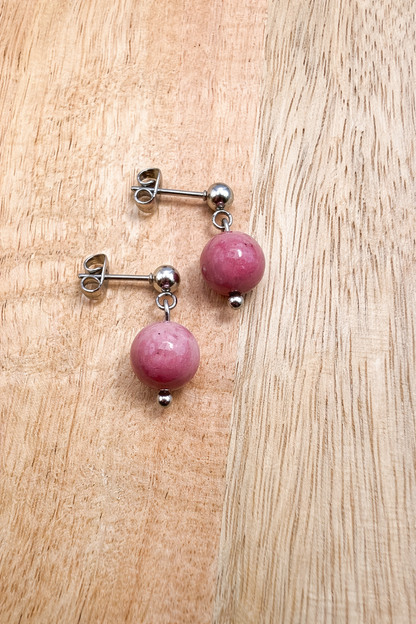 Boucles d’oreilles en rhodochrosite naturelle – Acier inoxydable argenté – Pierre de l’amour & bien-être