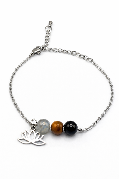 Bracelet Triple Protection en Pierres Naturelles – Œil de Tigre, labradorite & Obsidienne Noire – Acier Inoxydable argenté