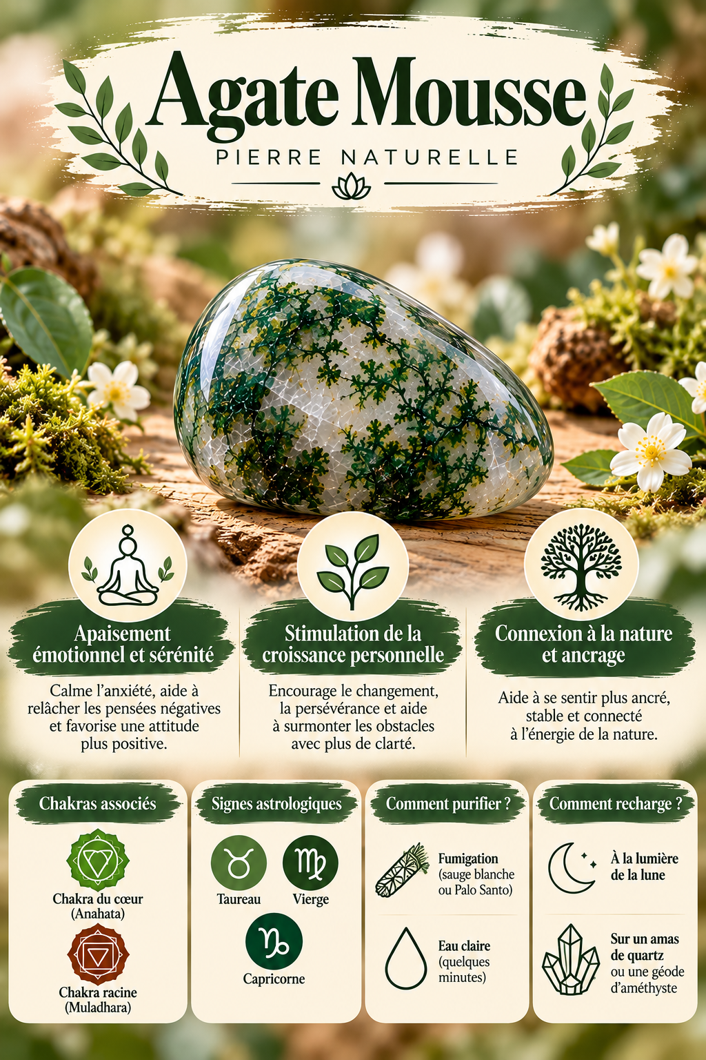 Guide de l’agate mousse naturelle : symbolique en lithothérapie, chakras associés, signes astrologiques, purification et rechargement.