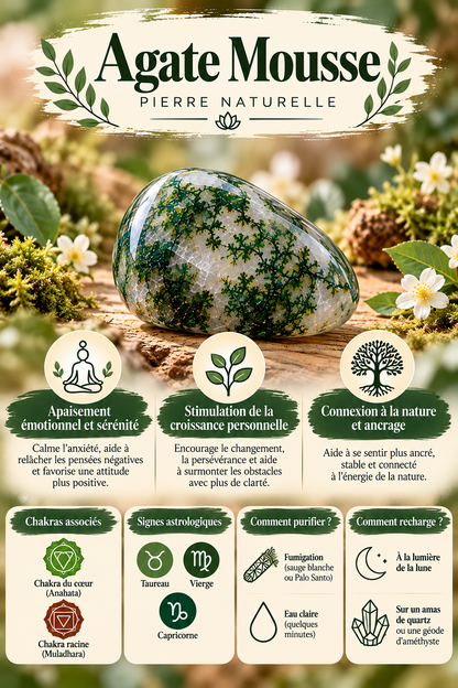 Guide de l’agate mousse naturelle : symbolique en lithothérapie, chakras associés, signes astrologiques, purification et rechargement.