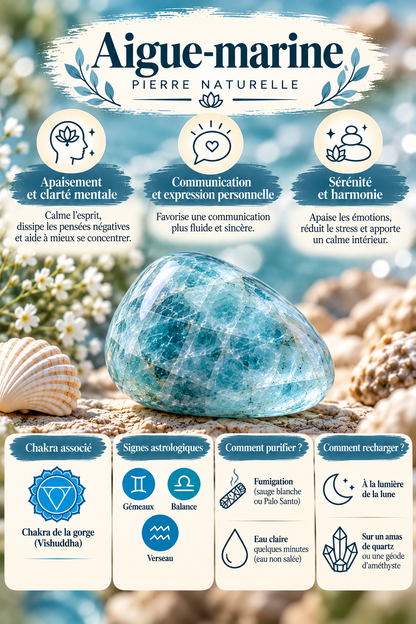 Guide de l’aigue-marine naturelle : symbolique en lithothérapie, chakra de la gorge, signes astrologiques, purification et rechargement.
