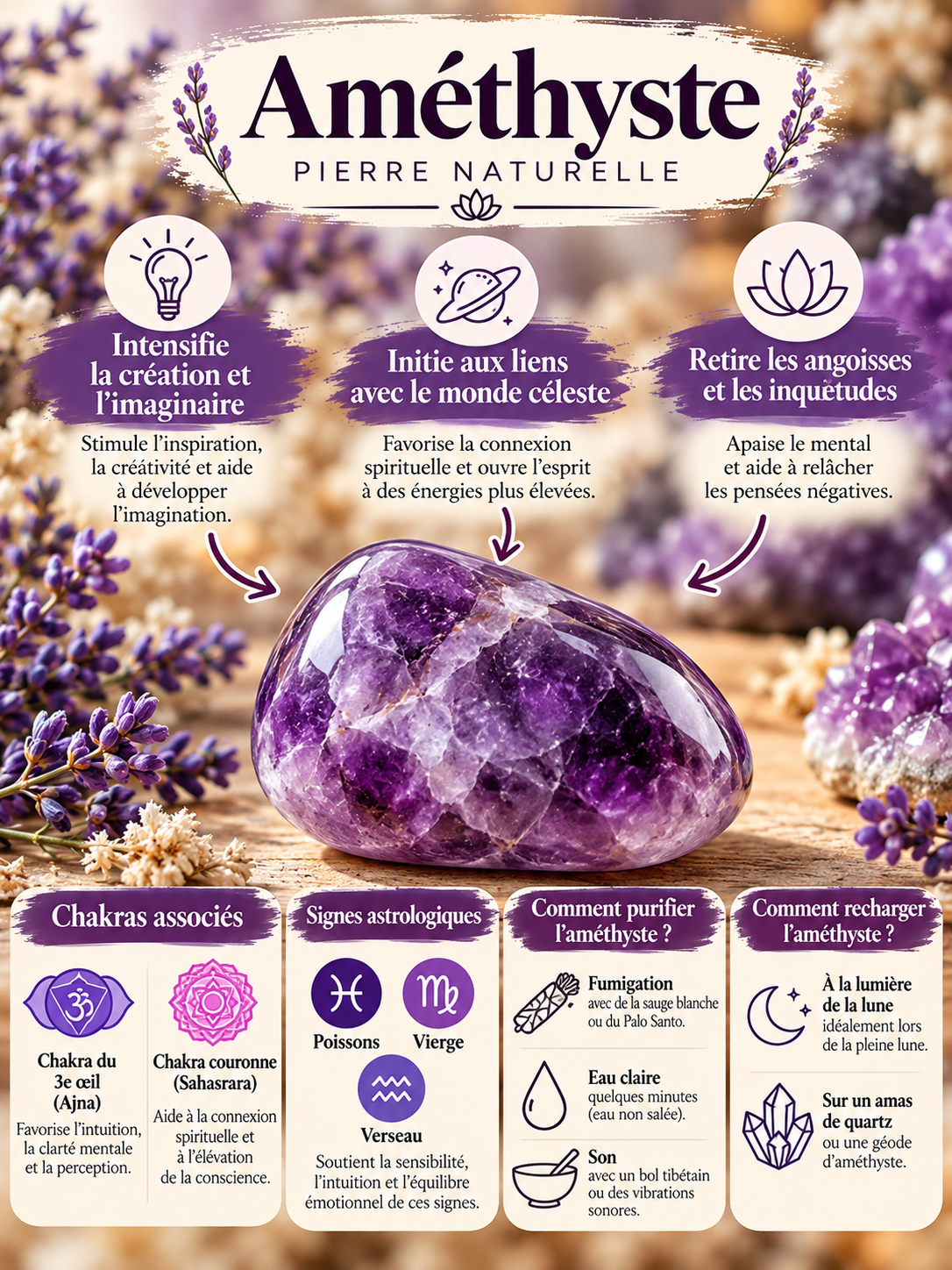Guide de l’améthyste naturelle : symbolique en lithothérapie, chakras associés, signes astrologiques, purification et rechargement.