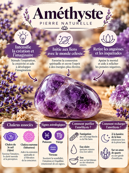 Guide de l’améthyste naturelle : symbolique en lithothérapie, chakras associés, signes astrologiques, purification et rechargement.