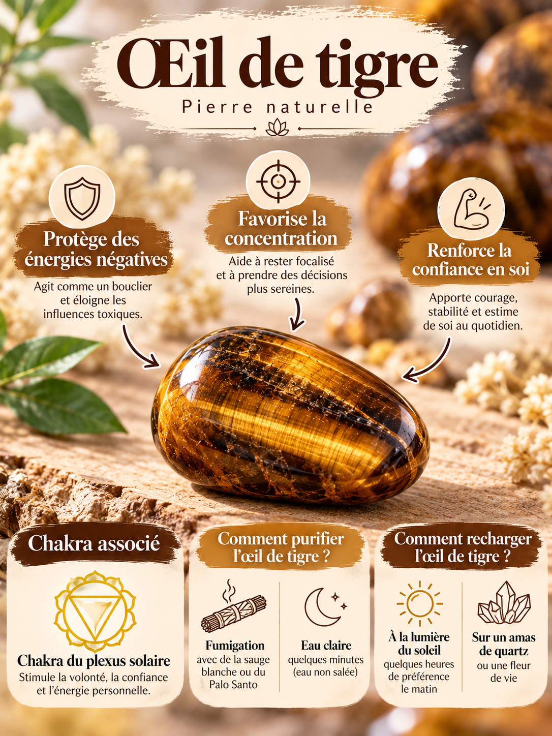 Guide de l’œil de tigre : symbolique en lithothérapie, chakra du plexus solaire, purification et rechargement.