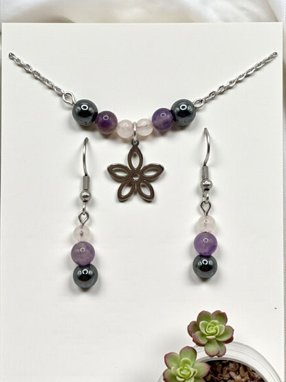 Coffret Bijoux Femme Pierre Naturelle – Collier & Boucles d’Oreilles en Acier Argenté