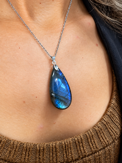 Collier pierre naturelle labradorite, chaîne inox argentée