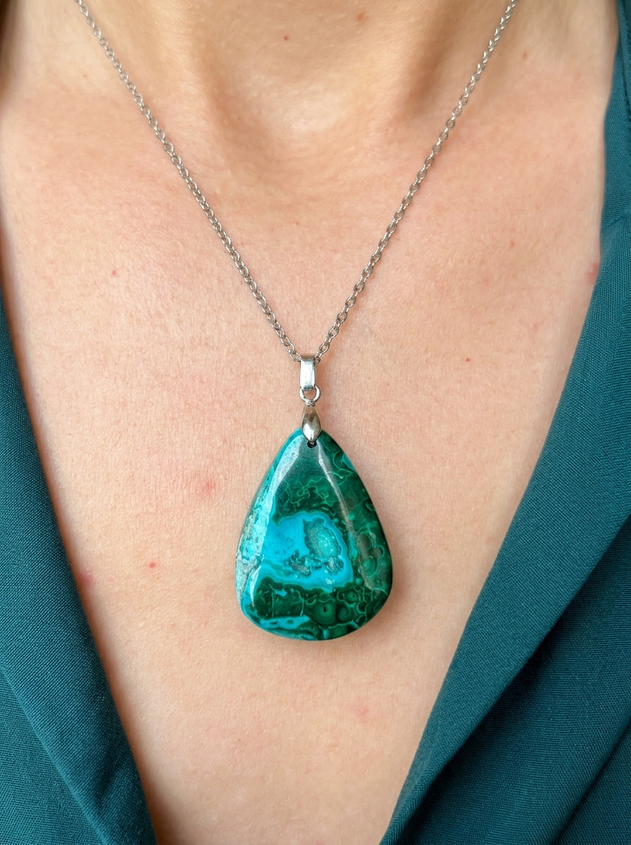 Collier Azurite Malachite Pierre Naturelle – Collier Femme Lithothérapie en Acier Inoxydable Argenté