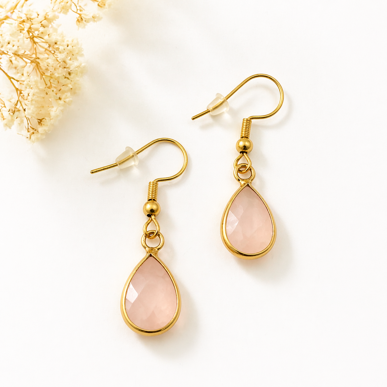 Boucles d’oreilles quartz rose pierre naturelle – Acier inoxydable doré – Boucle d’oreille femme élégante, bijou lithothérapie
