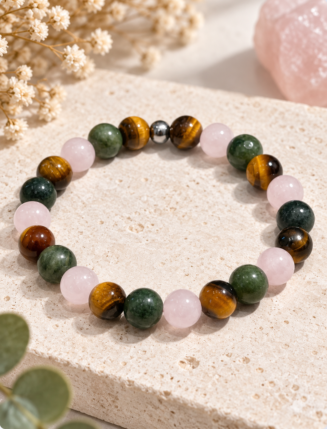 Bracelet Balance – Quartz Rose, Jade & Œil de Tigre