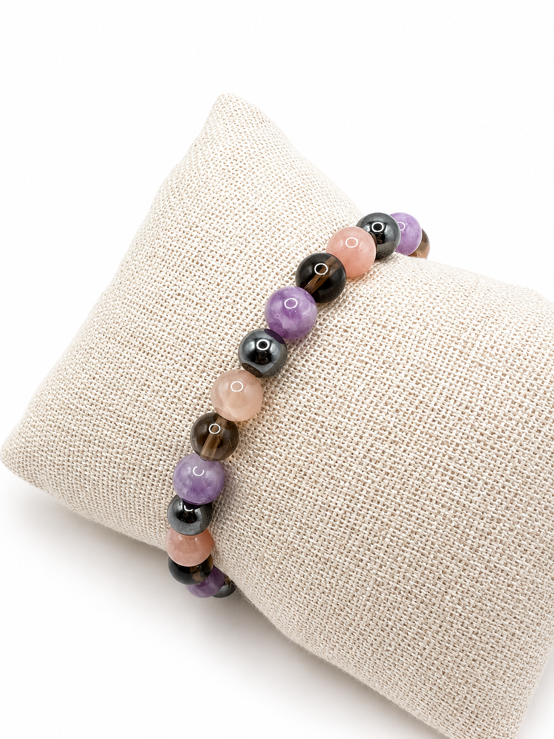 Bracelet anti-déprime pierres naturelles – pierre de soleil, lépidolite, hématite, quartz fumé