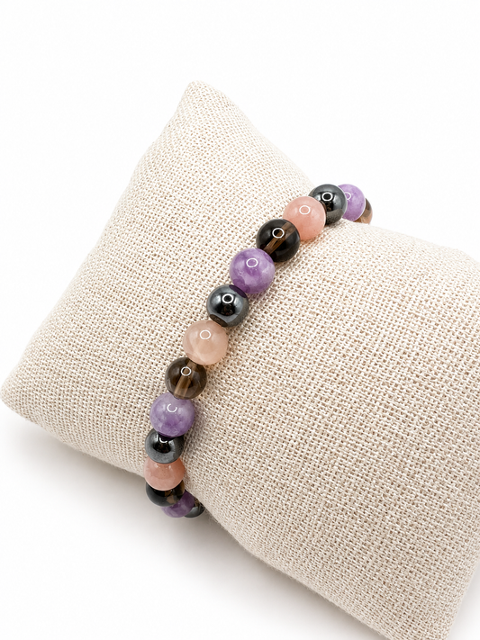 Bracelet anti-déprime pierres naturelles – pierre de soleil, lépidolite, hématite, quartz fumé