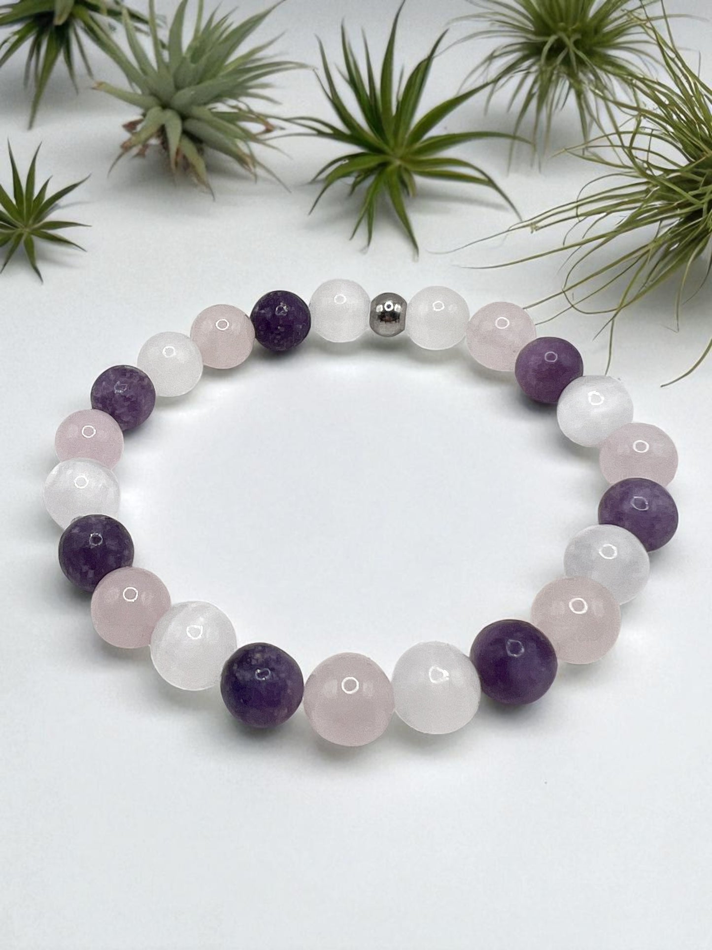 Bracelet Sommeil & Sérénité en Pierres Naturelles 8 mm – Sélénite, Quartz Rose & Lépidolite
