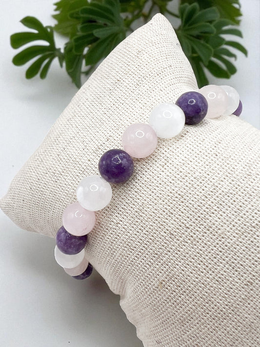 Bracelet Sommeil & Sérénité en Pierres Naturelles 8 mm – Sélénite, Quartz Rose & Lépidolite