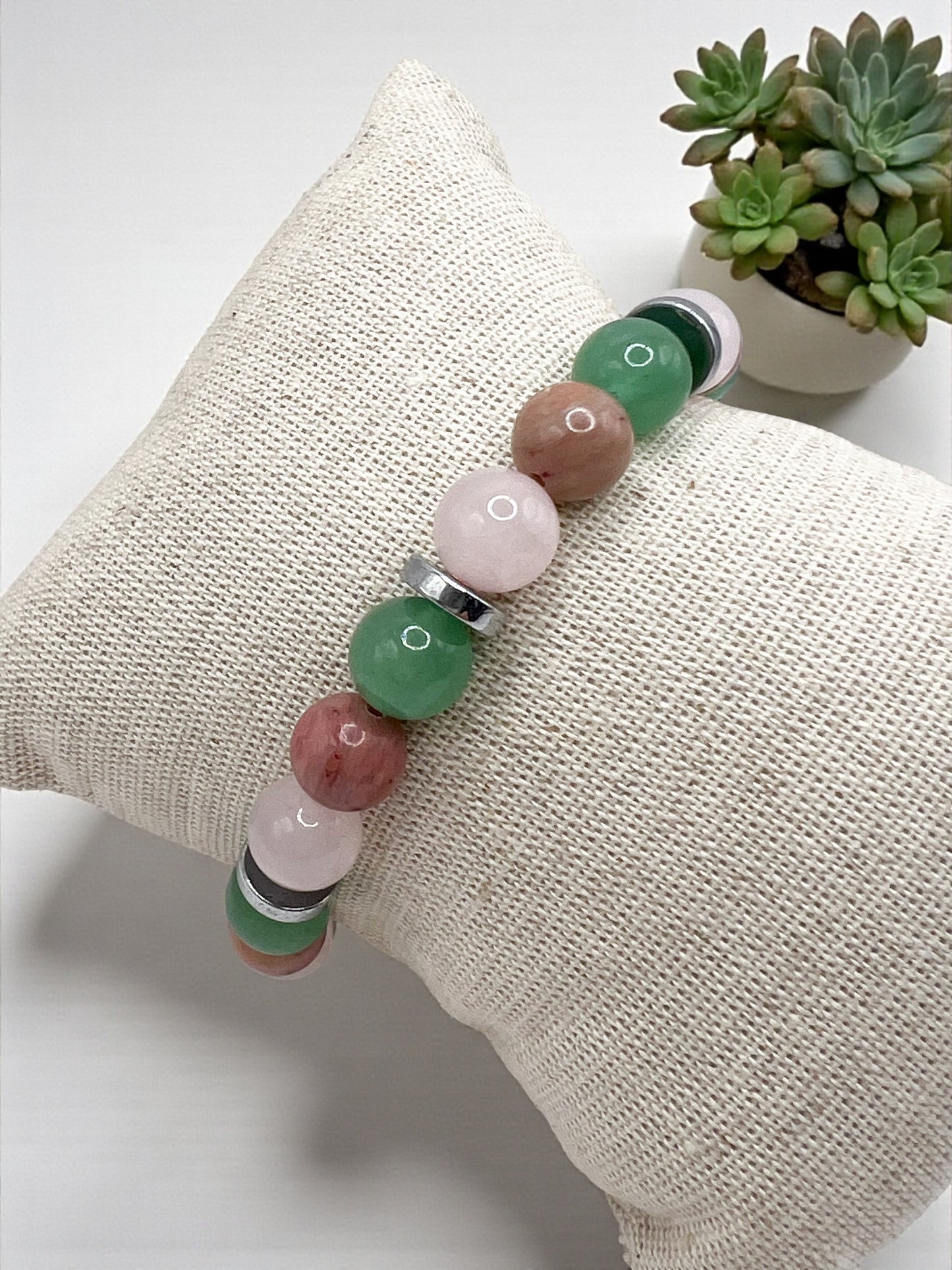 Bracelet Énergétique Aventurine, Quartz Rose & Rhodochrosite – Amour, Sérénité & Vitalité
