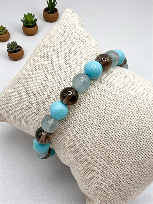 Bracelet en pierres naturelles Aigue marine, Quartz fumé et Turquoise