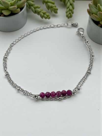 Bracelet Rubis Double Rang en Acier Inoxydable Argenté – Passion, Vitalité & Élégance