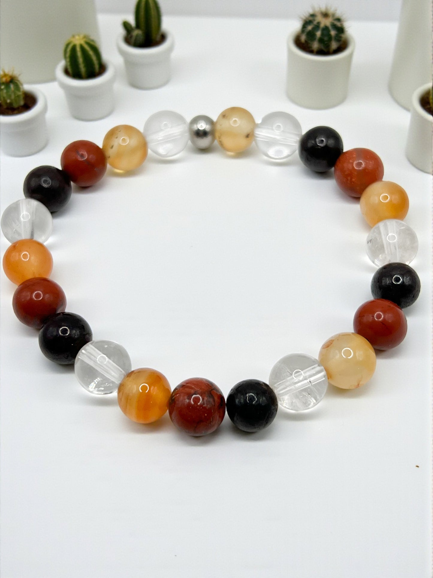 Bracelet Énergie & Vitalité – Cristal de Roche, Cornaline, Jaspe Rouge & Grenat | Pierres Naturelles