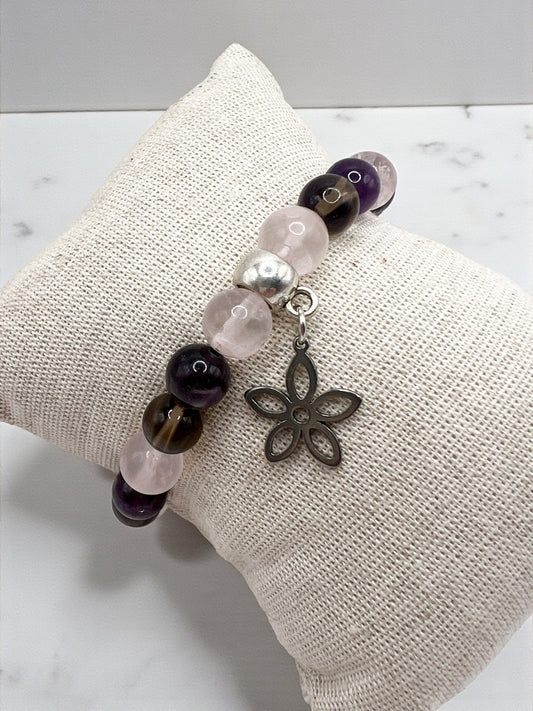 Bracelet sérénité en pierres naturelles quartz rose , améthyste et quartz fumé