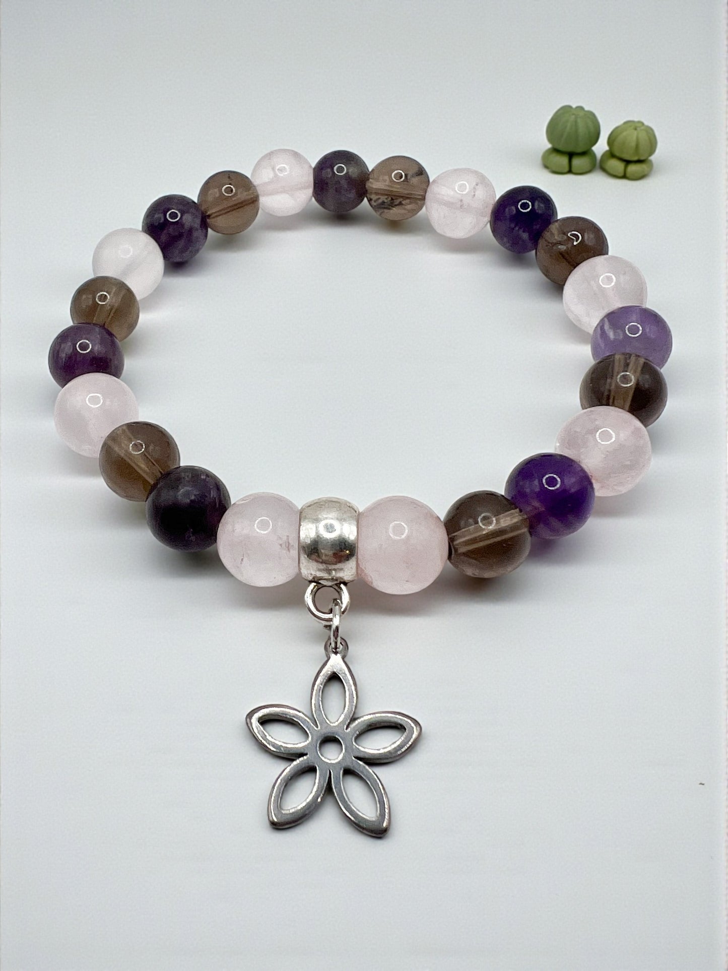 Bracelet sérénité en pierres naturelles quartz rose , améthyste et quartz fumé
