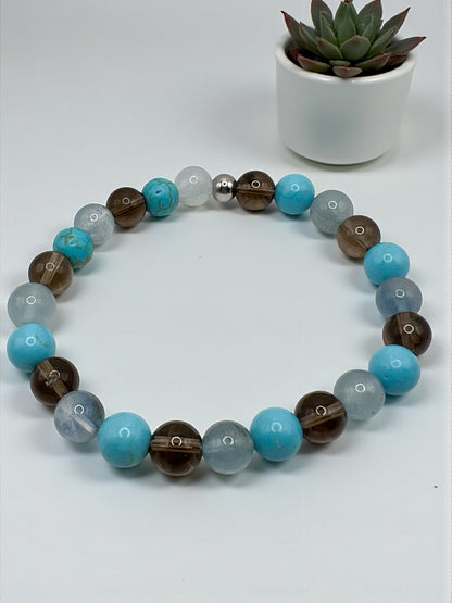 Bracelet en pierres naturelles Aigue marine, Quartz fumé et Turquoise
