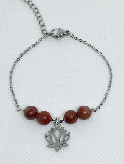 Bracelet acier inoxydable en pierres naturelles Jaspe rouge avec Lotus