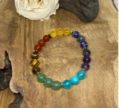 Bracelet pierres naturelles 7 chakras avec améthyste, amazonite, aventurine, œil de tigre ,  cornaline, citrine et Lapis lazuli