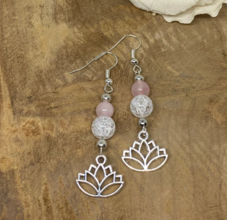 Boucles d'oreilles en pierre naturelle Quartz rose et Cristal de roche