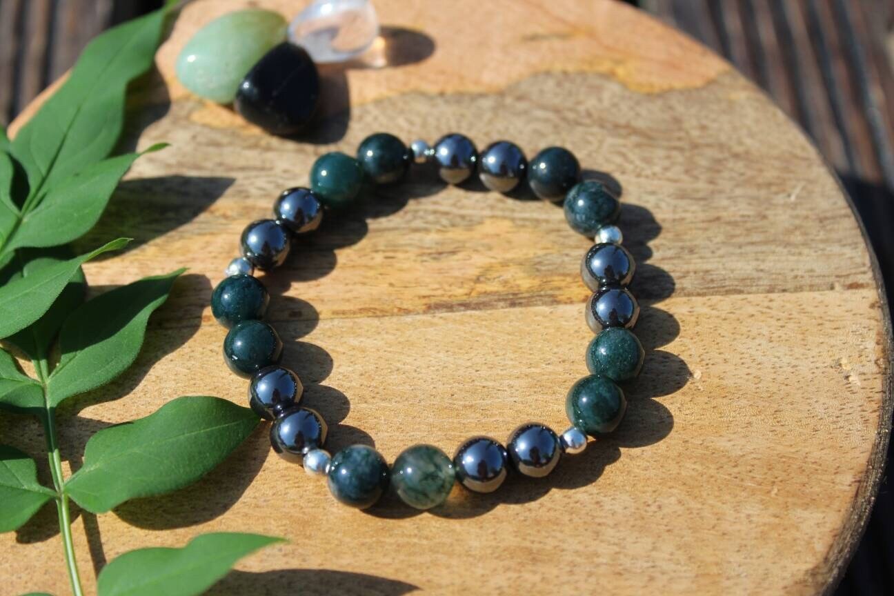 Bracelet lithothérapie en Hématite et Agate mousse