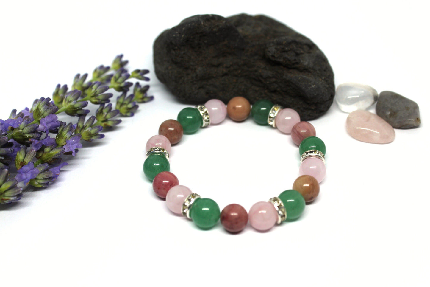 Bracelet aventurine , quartz rose et rhodochrosite
