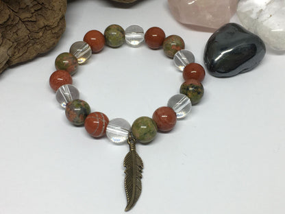 Bracelet élastique en pierres naturelles Unakite , Jaspe Rouge , Cristal de Roche "Spécial FIV"