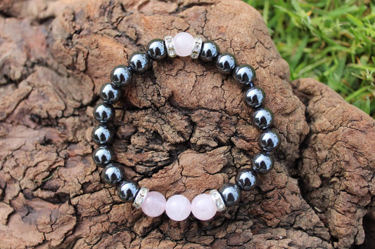 Bracelet en pierres naturelles Hématite et Quartz Rose