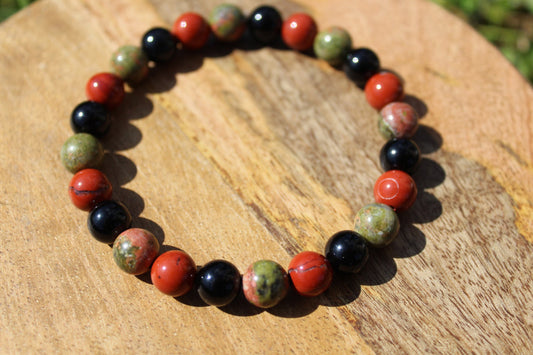 Bracelet élastique en pierres naturelles Jaspe Rouge , Unakite , Obsidienne noire