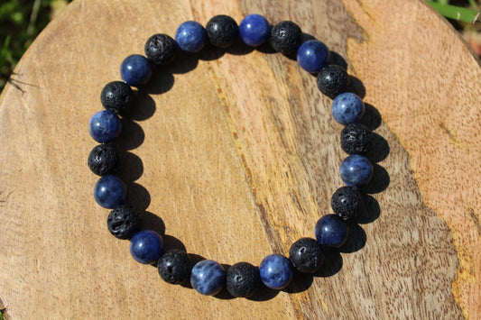 Bracelet en pierres naturelles homme en Sodalite, Pierre de lave