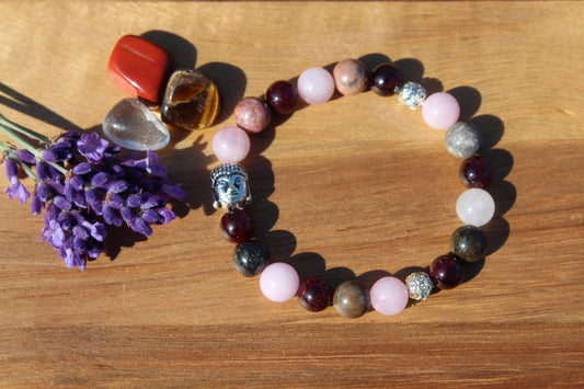 Bracelet pierres naturelles en Quartz rose, Rhodonite , Grenat