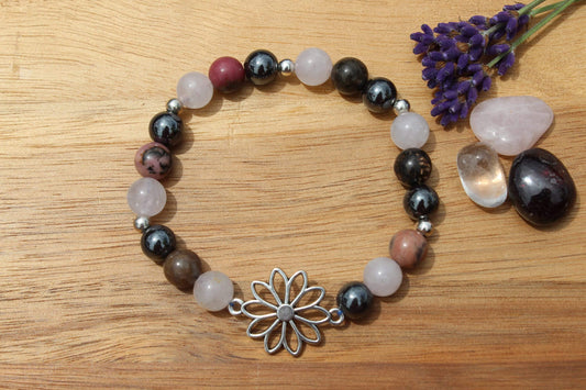 Bracelet pierres naturelles en Quartz rose, Rhodonite , Hématite