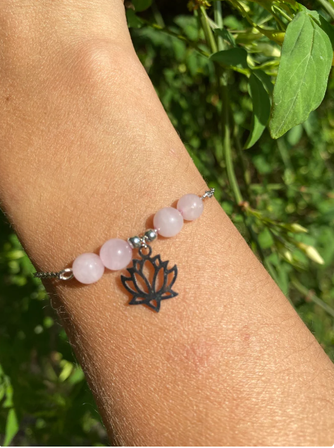 Bracelet acier inoxydable en pierres naturelles Quartz rose avec Lotus