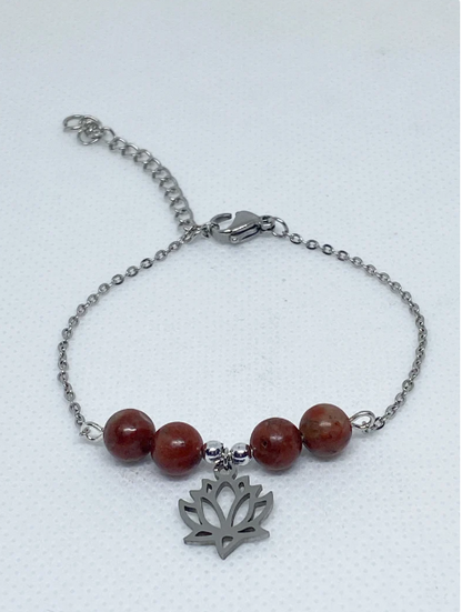 Bracelet acier inoxydable en pierres naturelles Jaspe rouge avec Lotus