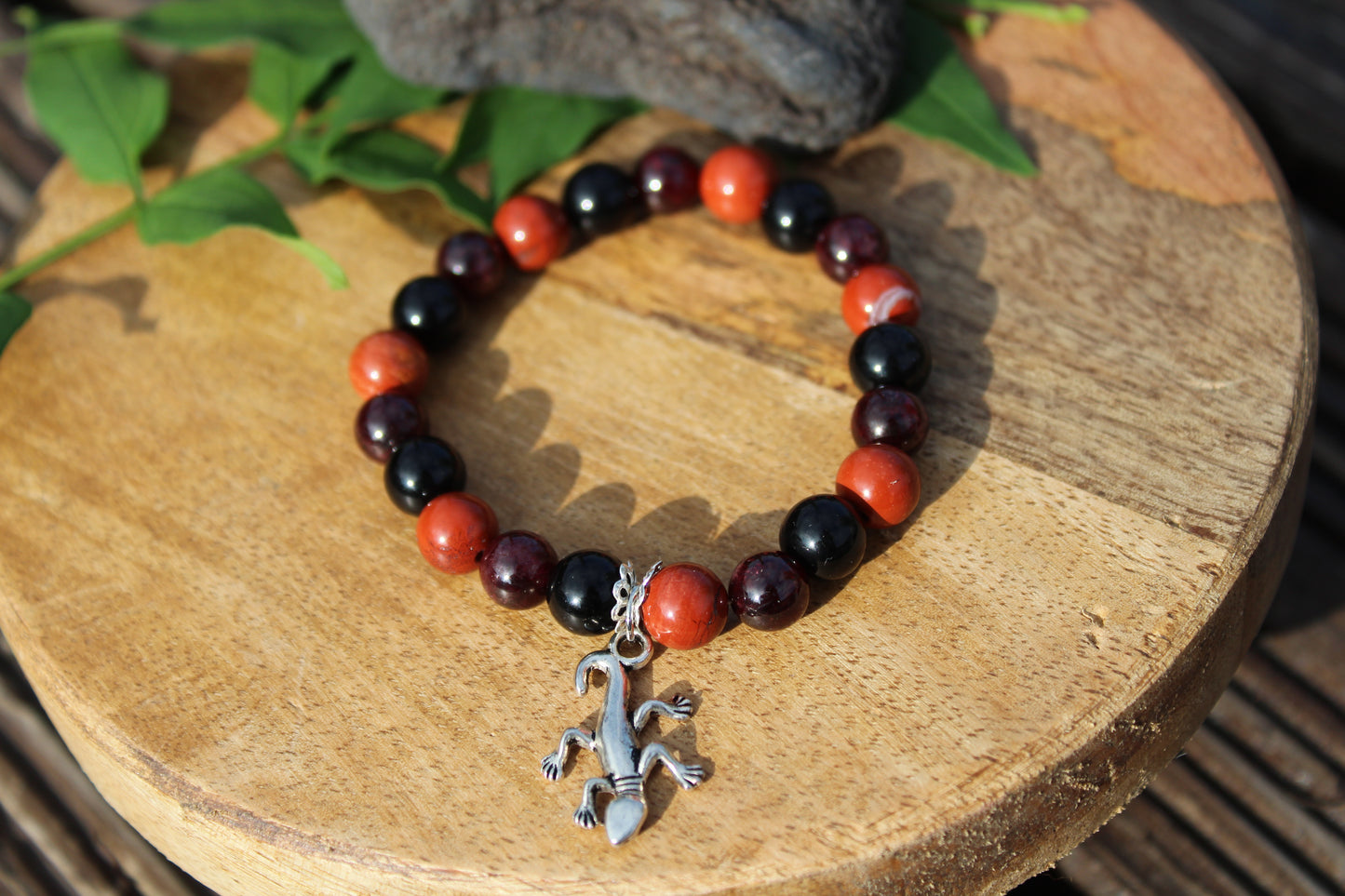 Bracelet pierres naturelles en Obsidienne noir, Grenat et Jaspe rouge