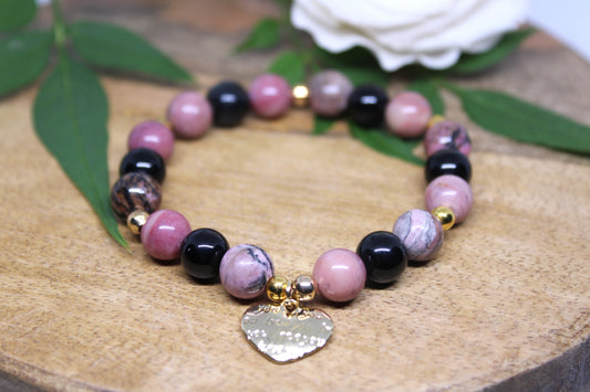 Bracelet en pierres naturelles Obsidienne noir, Rhodonite et Rhodochrosite