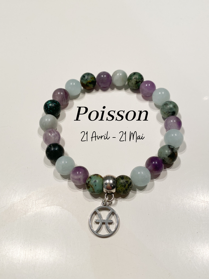 Bracelet Zodiaque Poisson en Aigue Marine, Améthyste et Turquoise