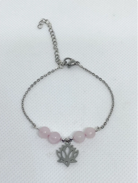 Bracelet acier inoxydable en pierres naturelles Quartz rose avec Lotus