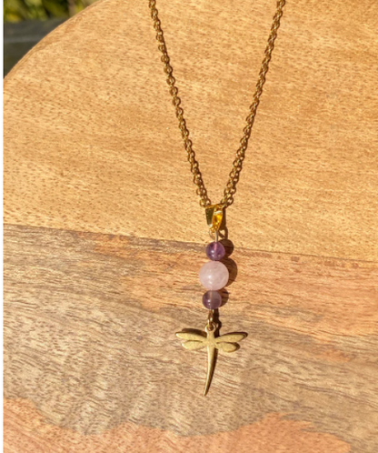 Collier en acier inoxydable avec pierres naturelles Quartz rose et Améthyste