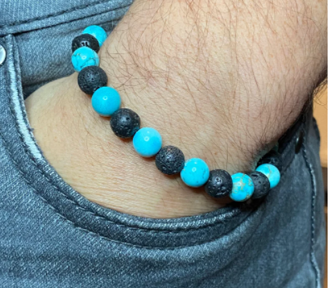 Bracelet élastique en pierres naturelles Howlite turquoise et pierre de lave