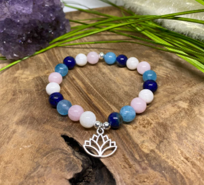 Bracelet grossesse, quartz rose, pierre de lune, aigue marine et  lapis lazuli