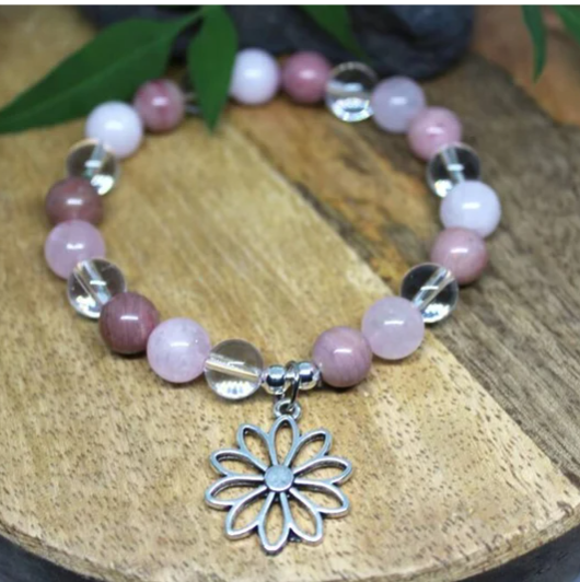 Bracelet en pierres naturelles Rhodochrosite, Quartz rose et Cristal de roche