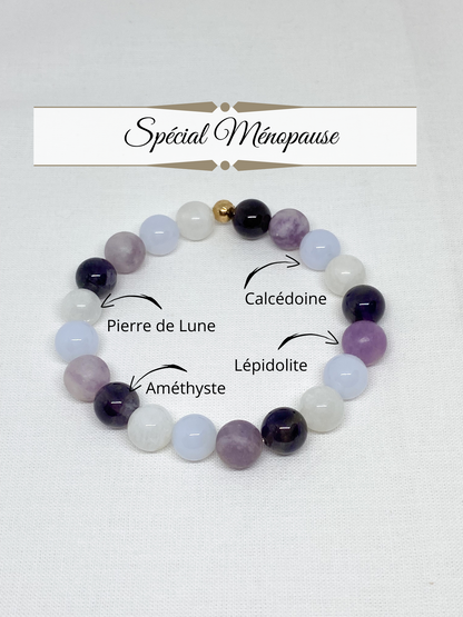 Bracelet ménopause et bouffée de chaleur en Calcédoine, Pierre de lune, Améthyste et Lépidolite